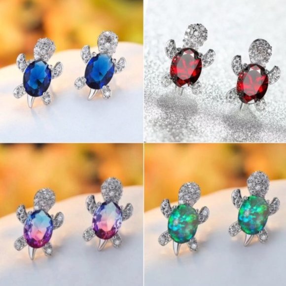 “Just Keep Swimming” Blue Turtle Diamond Earrings - Picture 5 of 8